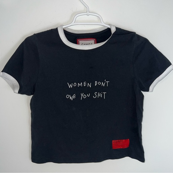 SOLD. CHNGE feminism Black Graphic Tee with White Trim - Picture 1 of 13